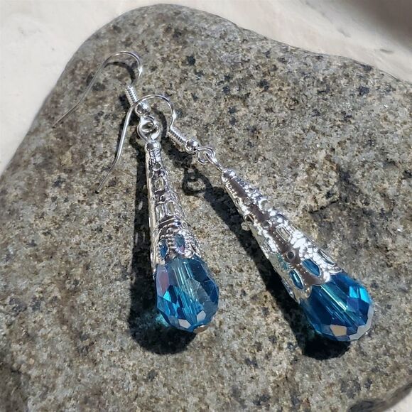 Caged Filigree Faceted Turquoise Blue Crystal Teardrop Earrings Handcrafted - Picture 4 of 7